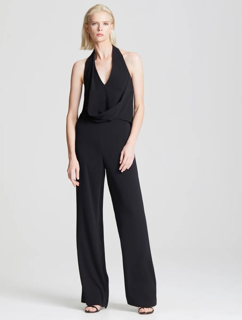 Halston 16 NWT Drapey Crepe Halter Wide Leg Jumpsuit Black Evening Going Out